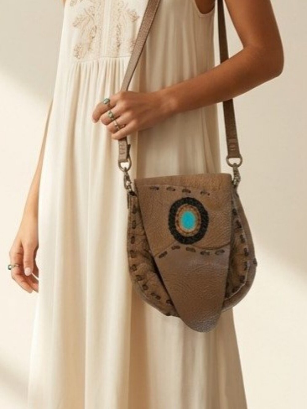 Handcrafted Brown Leather Crossbody Bag with Turquoise Accent